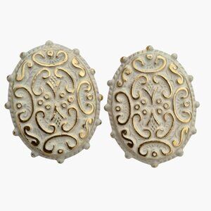 Amerique White Oval Clip On Earrings Vintage  Intricate Embossed ARt Deco Design